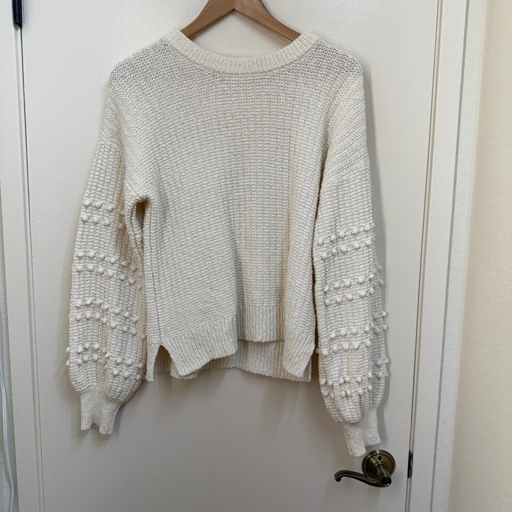 Madewell Chunky White Sweater Womens M Cotton Knit Pom Pom Bobble Sleeve Cute